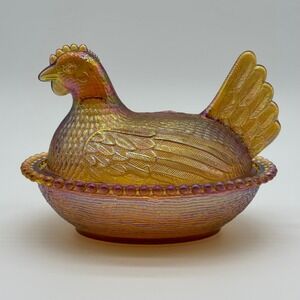Amber Iridescent Indiana Glass 7" Hen on Nest Golden Carnival Rare Vintage